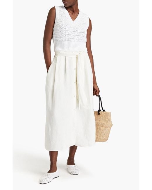 Vince White Pleated Linen-blend Midi Skirt