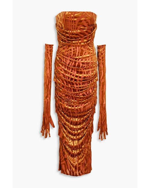 Alex Perry Orange Strapless Devoré-velvet Midi Dress