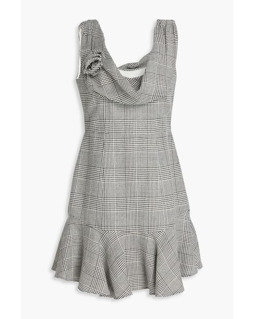 Alessandra Rich Gray Floral-appliquéd Prince Of Wales Checked Wool-tweed Mini Dress