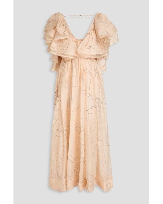 Zimmermann Natural Ruffled Printed Linen And Silk-blend Gauze Gown