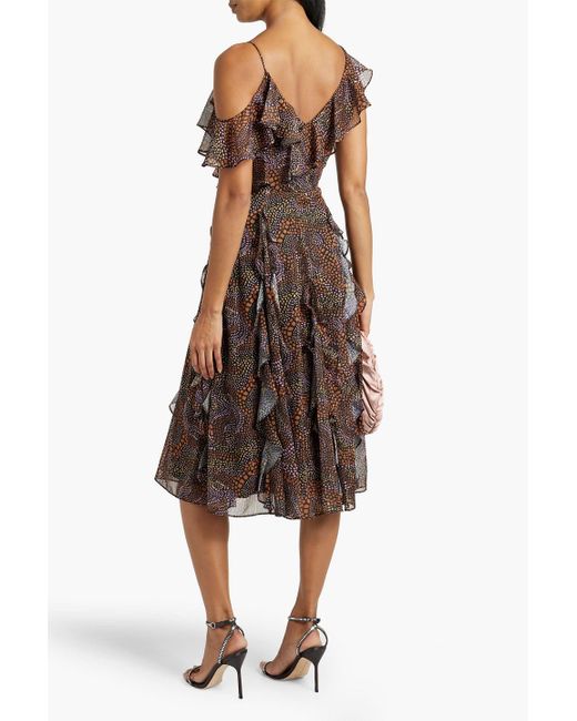 Mikael Aghal Brown Ruffled Metallic Printed Crepe De Chine Midi Dress