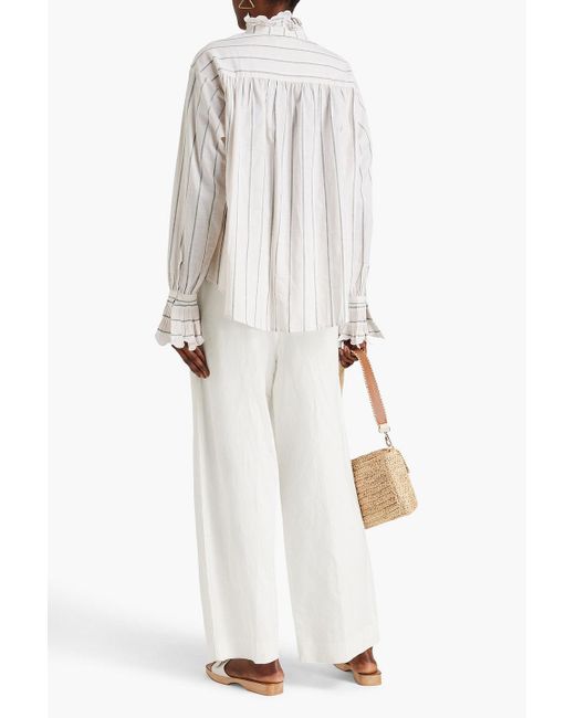 Claudie Pierlot White Ruffled Striped Cotton And Linen-blend Shirt