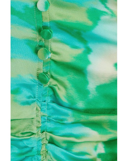 Ganni Green Gerafftes minikleid aus satin aus einer seidenmischung mit print