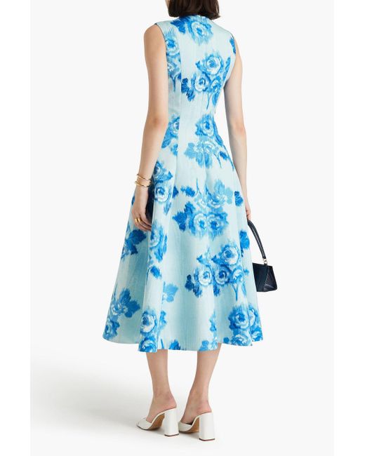 Emilia Wickstead Blue Floral-print Faille Midi Dress
