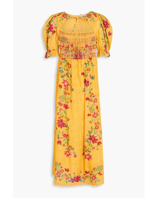 Farm Rio Yellow Midikleid aus baumwolle mit floralem print und cut-outs
