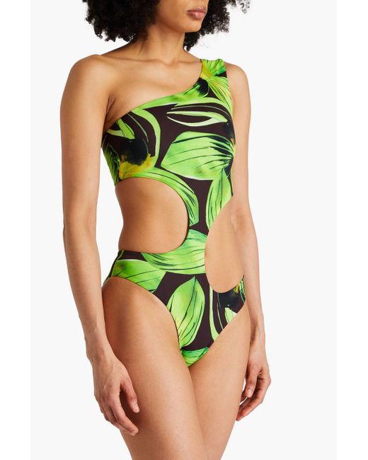 Louisa Ballou Green One-shoulder Cutout Printed Swimsuit