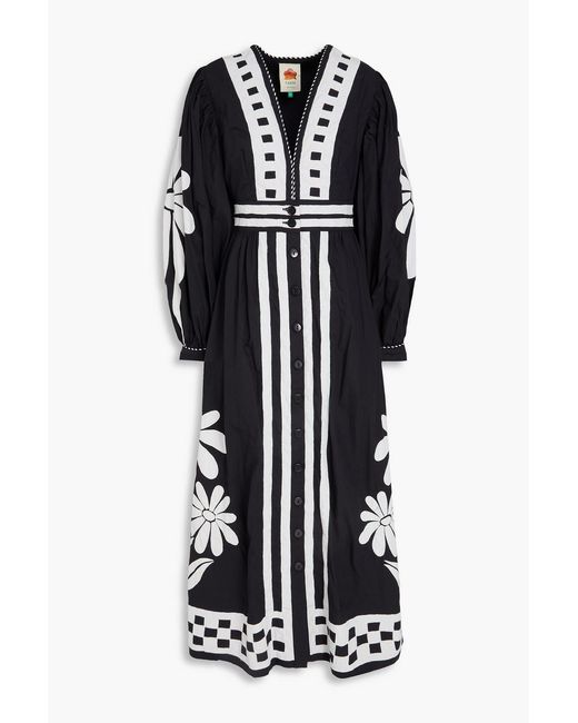 Farm Rio Black Embroidered Cotton-poplin Maxi Dress