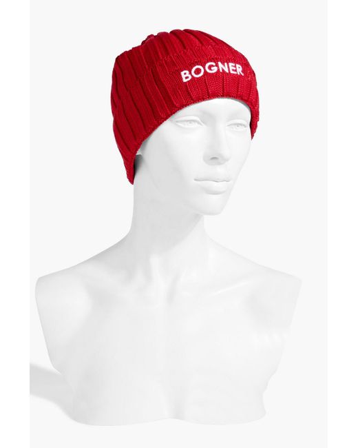 Bogner Red Bosco Embroide Ribbed Wool-blend Beanie