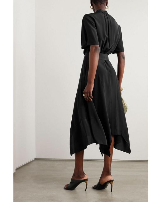 Stella McCartney Black Belted Asymmetric Silk Crepe De Chine Midi Dress