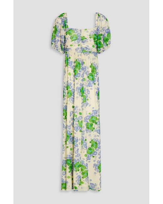 Ganni Green Gathered Floral-print Stretch-mesh Maxi Dress