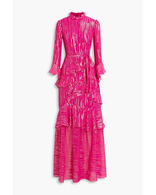 Saloni Pink Marissa Ruffled Metallic Fil Coupé Silk-blend Chiffon Gown