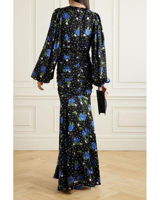 ROTATE BIRGER CHRISTENSEN Black Goldie Ruched Floral-print Satin Maxi Dress
