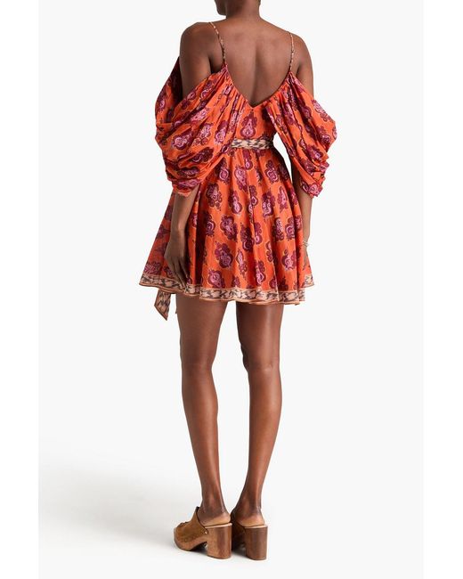 Zimmermann Red Cold-Shoulder Printed Cotton-Gauze Mini Wrap Dress