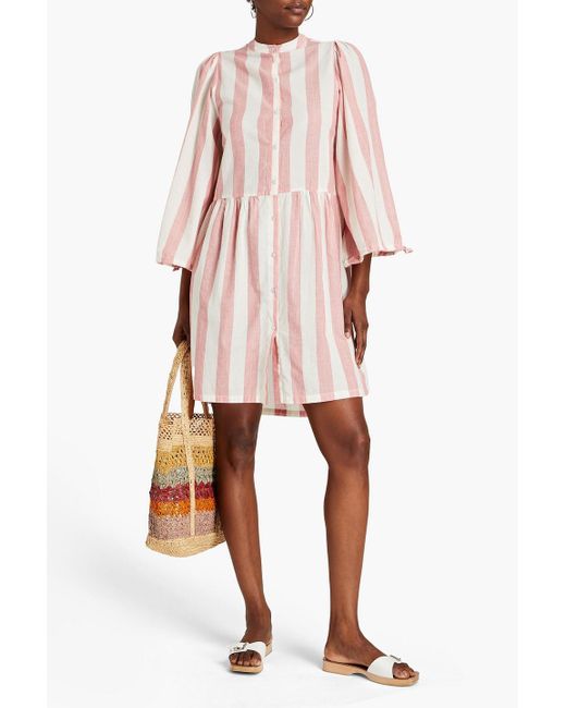 Stella Nova Pink Lara Gathered Striped Cotton Mini Shirt Dress