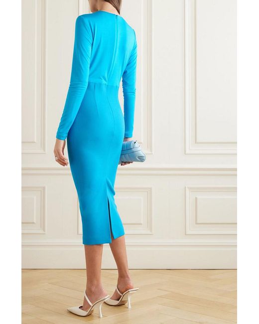 Sergio Hudson Gathered Stretch-bamboo And Wool-jersey Midi Dress in Blue |  Lyst