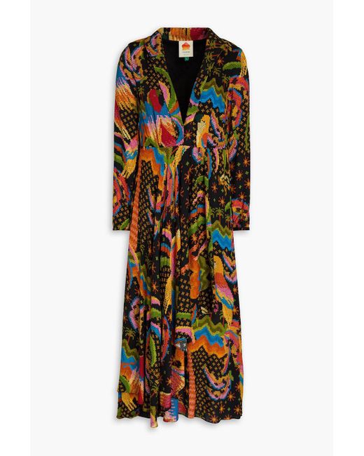 Farm Rio Black Draped Printed Crepe Midi Dress
