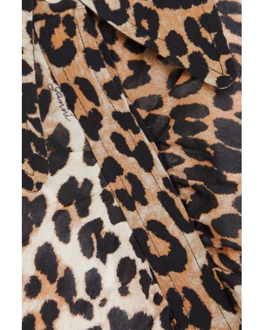 Ganni Brown Ruched Leopard-print Cotton-mousseline Shirt