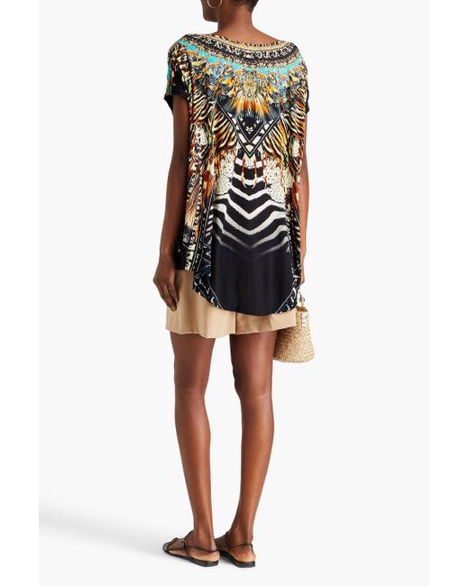 Camilla Black Crystal-embellished Printed Stretch-modal Jersey Top