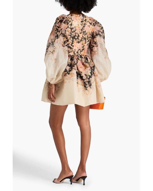 Zimmermann Natural Pleated Floral-print Linen And Silk-blend Mini Dress