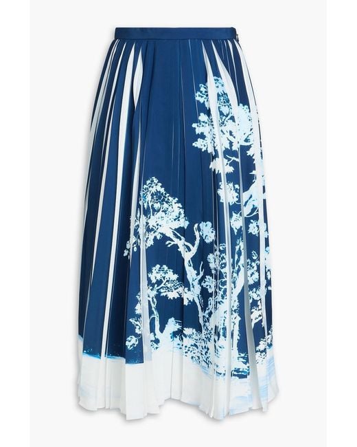 Erdem Blue Pleated Floral-print Crepe Midi Skirt