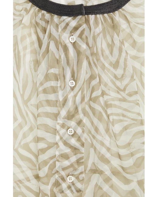 Brunello Cucinelli Natural Bead-Embellished Printed Silk-Organza Blouse