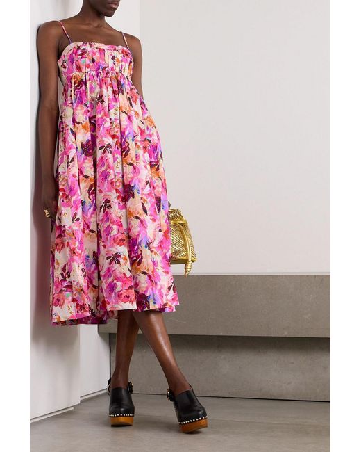 Ulla Johnson Pink Lucille Pleated Floral-Print Cotton-Poplin Midi Dress