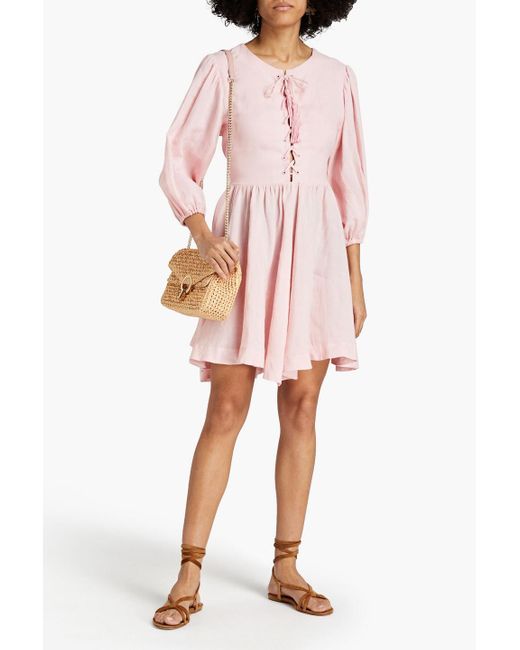 Fil De Vie Mina Lace-up Gathered Ramie Mini Dress in Pink | Lyst