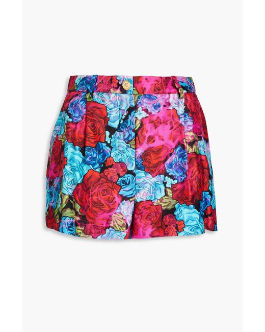 Versace Red Pleated Floral-print Silk-twill Shorts