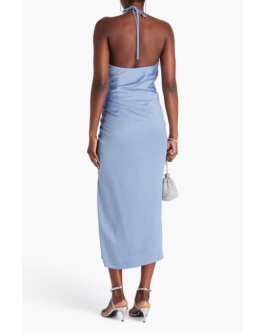 Jonathan Simkhai Blue Ruched Satin-Crepe Halterneck Midi Dress