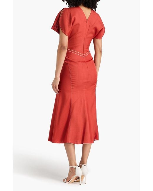 Victoria Beckham Red Ruched Grain De Poudre Midi Dress