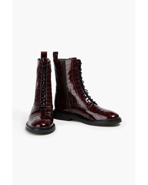 Tory Burch Brown Croc-Effect Leather Combat Boots