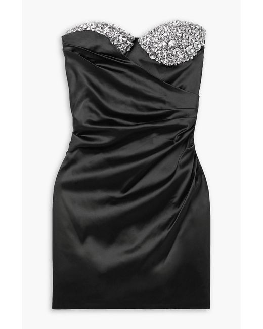 Area Black Strapless Crystal-embellished Draped Satin Mini Dress