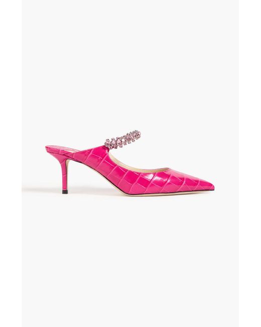 Jimmy Choo Pink Crystal-embellished Croc-effect Leather Mules
