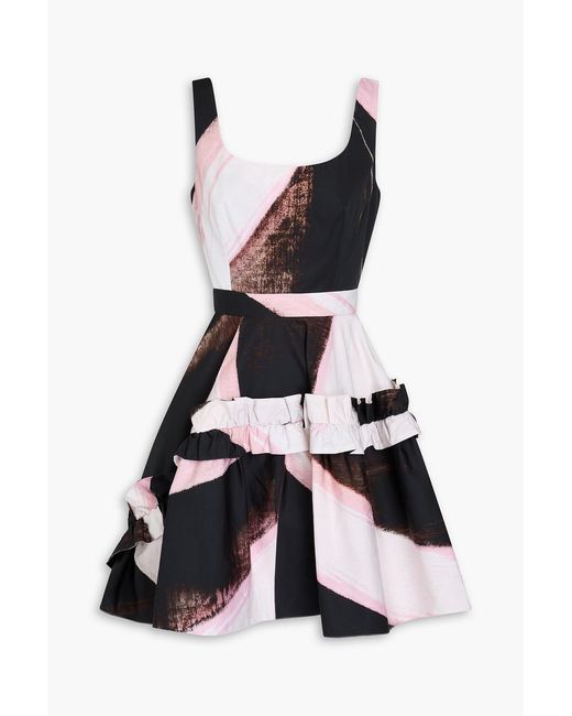 McQueen White Ruffled Printed Cotton Mini Dress