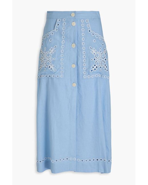 Sandro Blue Broderie Anglaise Linen-Blend Midi Skirt