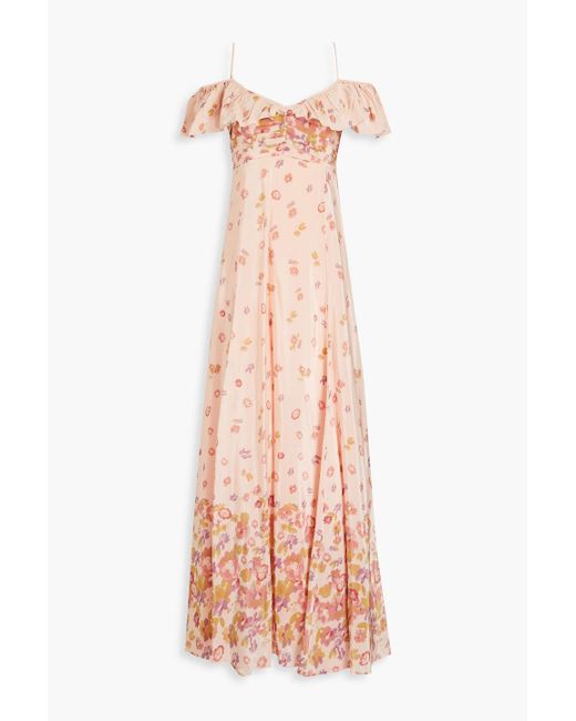 byTiMo Pink Cold-shoulder Floral-print Satin Maxi Dress