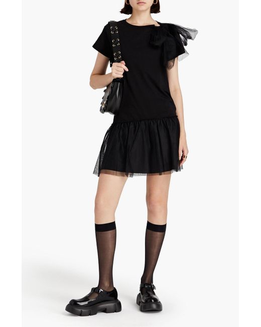 RED Valentino Black Bow-detailed Tulle-paneled Cotton-jersey Mini Dress