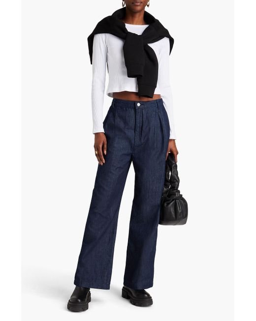 FRAME Blue Pleated High-rise Wide-leg Jeans
