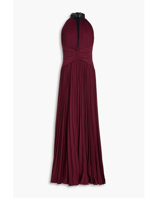 Zac Posen Purple Lace-trimmed Pleated Chiffon Gown