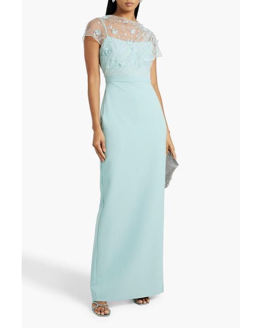 THEIA Blue Desirae Embellished Tulle-paneled Crepe Gown