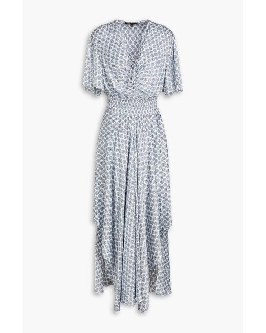 Maje Gray Asymmetric Printed Satin Maxi Dress