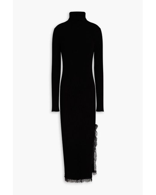 RED Valentino Black Lace-trimmed Ribbed-knit Turtleneck Midi Dress