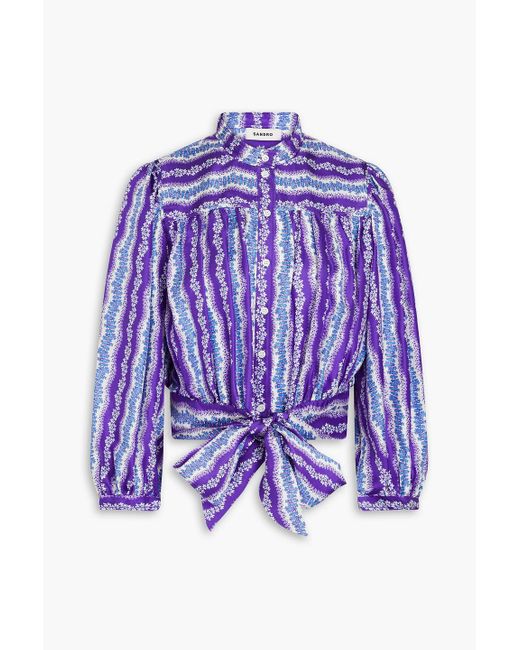 Sandro Purple Tie-detailed Printed Sail-satin Shirt
