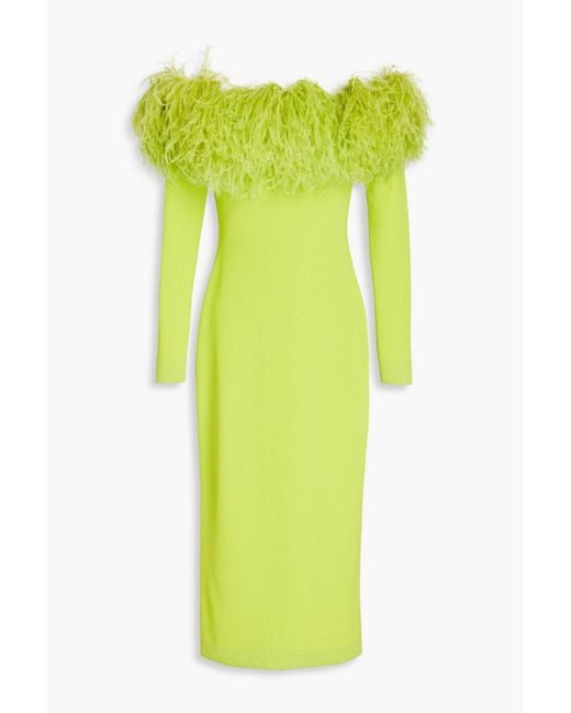 Elie Saab Green Off-the-shoulder Feather-embellished Stretch-knit Midi Dress