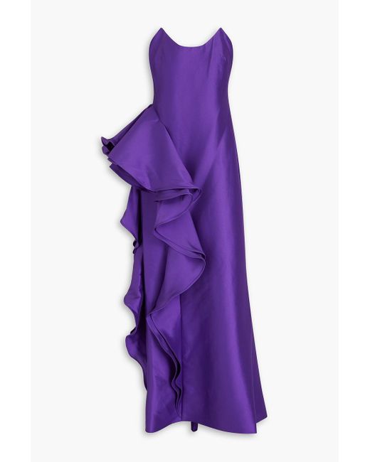 Badgley Mischka Purple Strapless Ruffled Mikado Gown