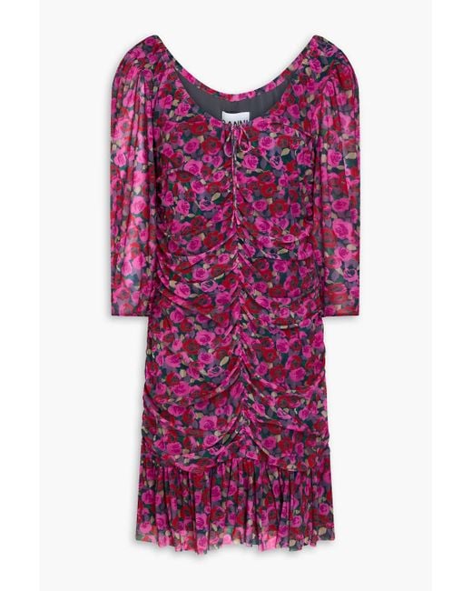 Ganni Purple Ruched Floral-print Stretch-satin Mini Dress