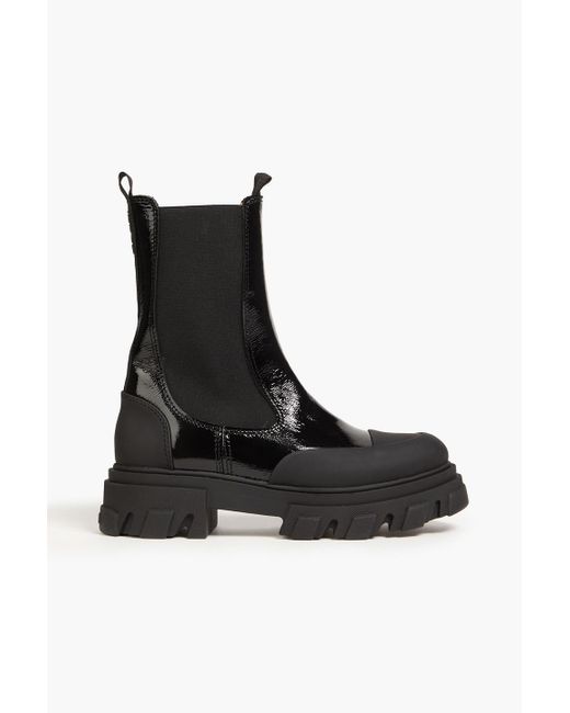 Ganni Black Crinkled Patent-leather Chelsea Boots