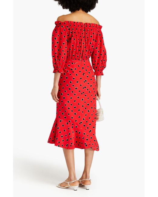 Saloni Red Grace Off-the-shoulder Polka-dot Silk Crepe De Chine Midi Dress