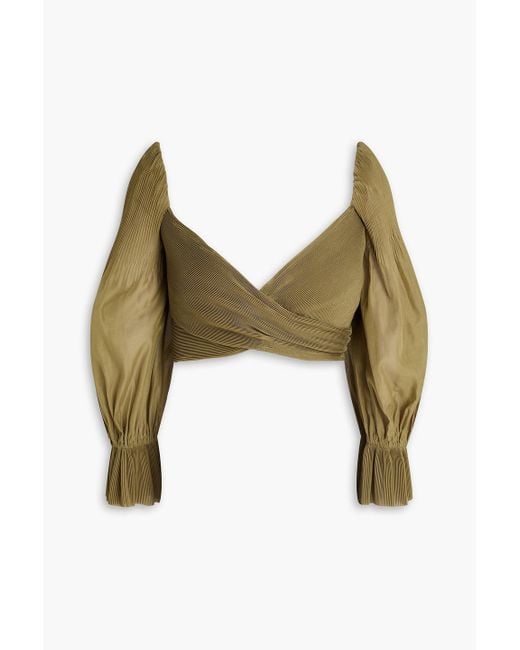Zimmermann Green Cropped Plissé-organza Top