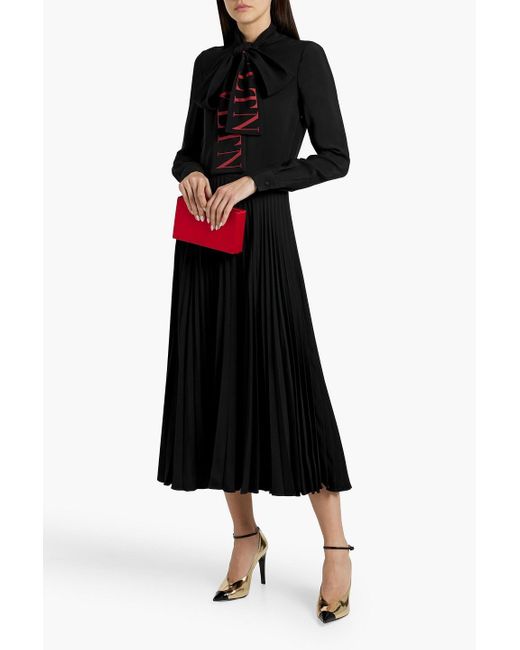 Valentino Garavani Black Pussy-bow Pleated Crepe Midi Dress